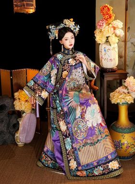 夏季款清朝吉服皇后故宫写真古董宫廷古装氅衣清代服重工旗装印花