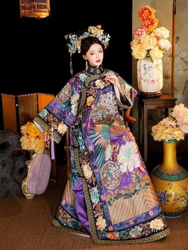 夏季款清朝吉服皇后故宫写真古董宫廷古装氅衣清代服重工旗装印花
