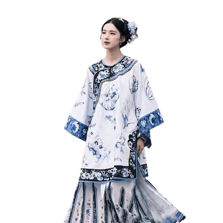 青花瓷刺绣上衣马面裙套装2024新款清古装汉服清朝服装晚清女格格