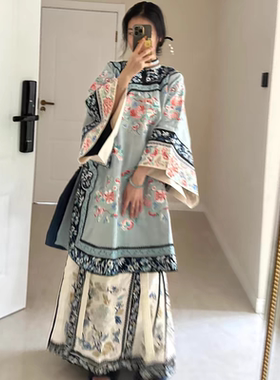 新中式格格服装晚清汉服少奶奶蓝色上衣马面裙民国套装女宽袖印花