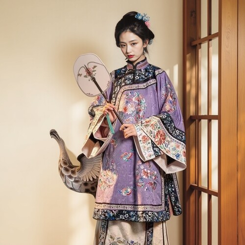 两件套少奶奶清汉服装印花重工清代仿刺绣斜襟服饰立领马面裙汉服