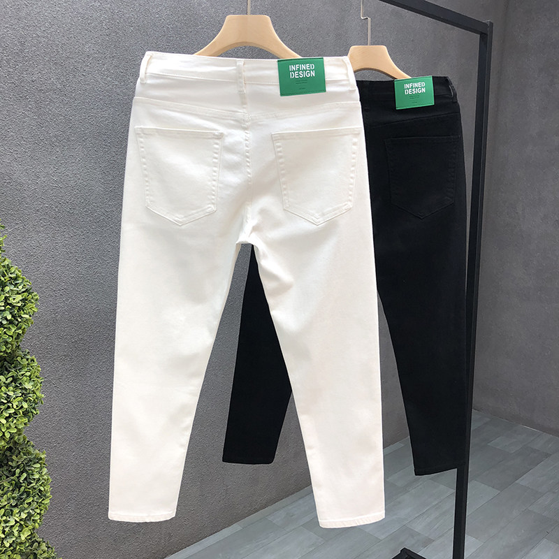 高品质纯色牛仔裤男潮牌修身小脚九分裤男士精神小伙白色休闲裤子