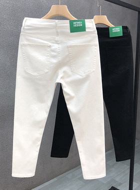 高品质纯色牛仔裤男潮牌修身小脚九分裤男士精神小伙白色休闲裤子
