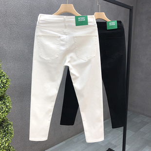 高品质纯色牛仔裤男潮牌修身小脚九分裤男士精神小伙白色休闲裤子