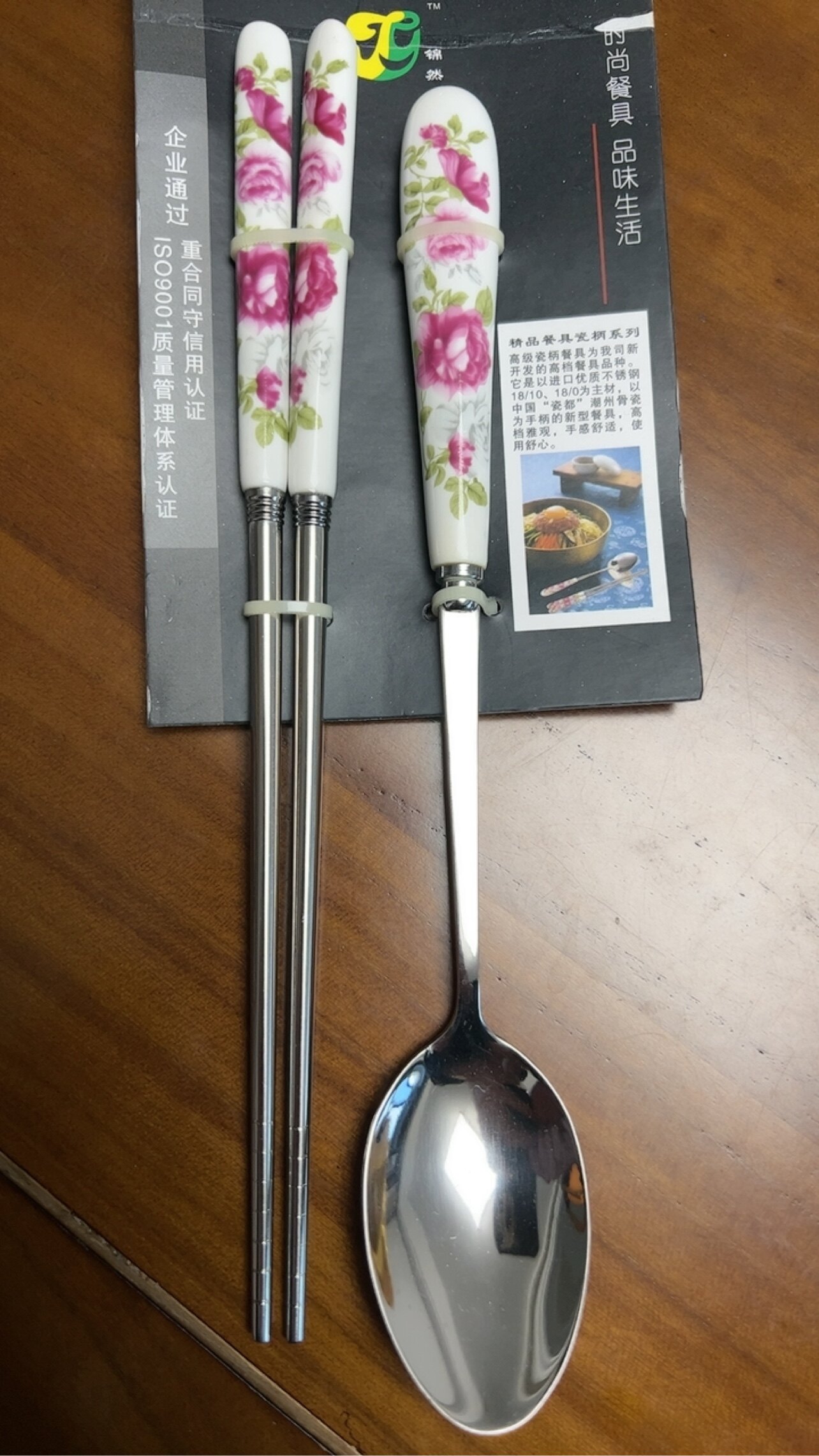 韩式不锈钢陶瓷柄筷勺一套浪漫创意玫瑰花陶瓷柄家用筷子汤匙