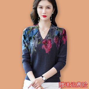 中老年羊毛衫复古印花毛衣女装秋冬薄款上衣妈妈款针织羊绒打底衫