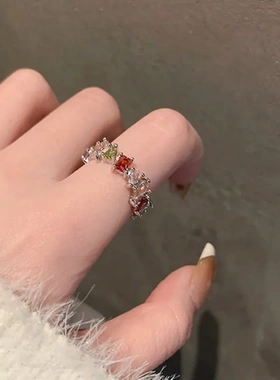 彩虹设计个性指环戒指小众高级感时尚潮开口女锆石食指戒梦幻轻奢