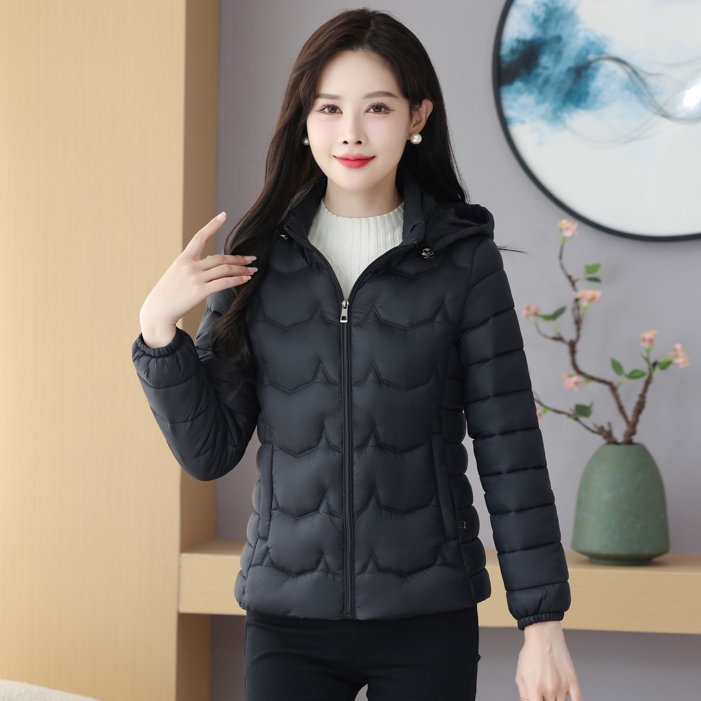 黑色羽绒棉服女冬季新款大码宽松显瘦棉衣小个子可拆卸帽棉袄外套