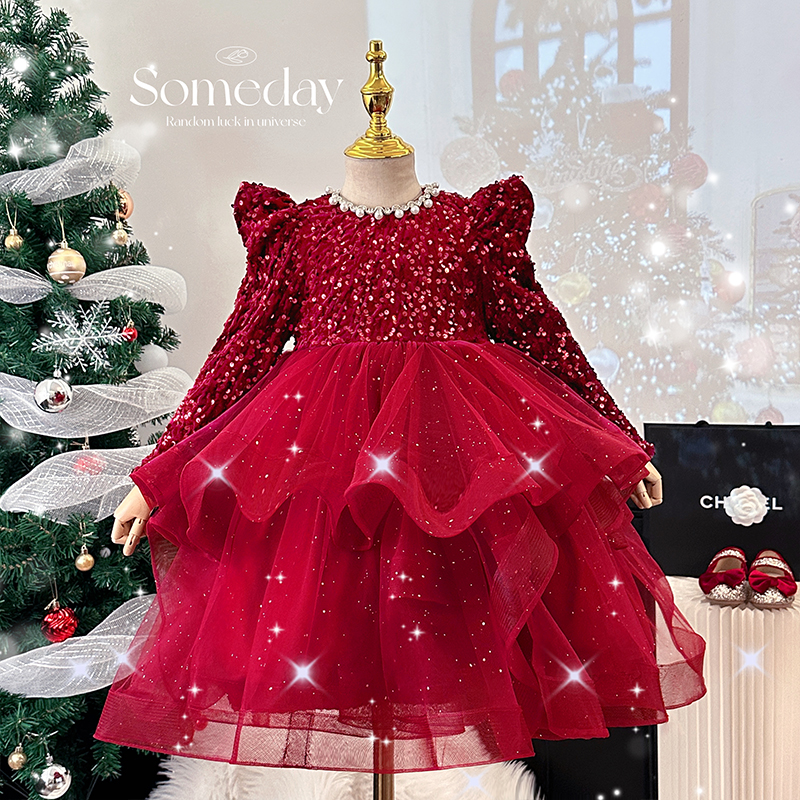 新年红色战袍女童高端蓬蓬公主裙