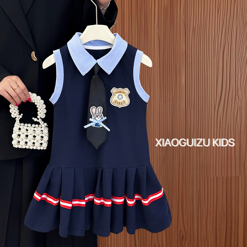 女童连衣裙夏2025新款儿童学院风兔子警官公主裙Polo领卡通背心裙