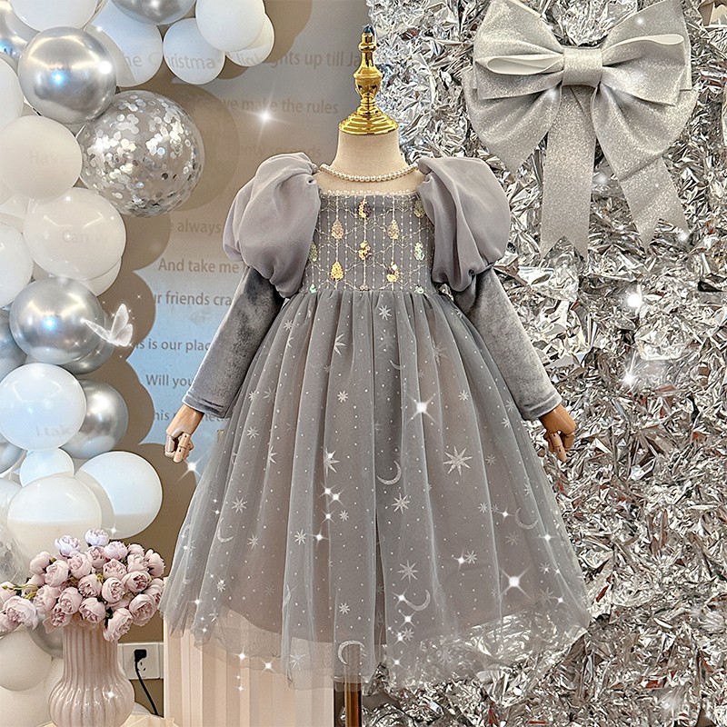 女童连衣裙秋季加绒泡泡袖礼服裙