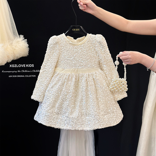 重工女童公主裙冬季小女孩生日连衣裙高级感花童婚纱白色礼服裙子