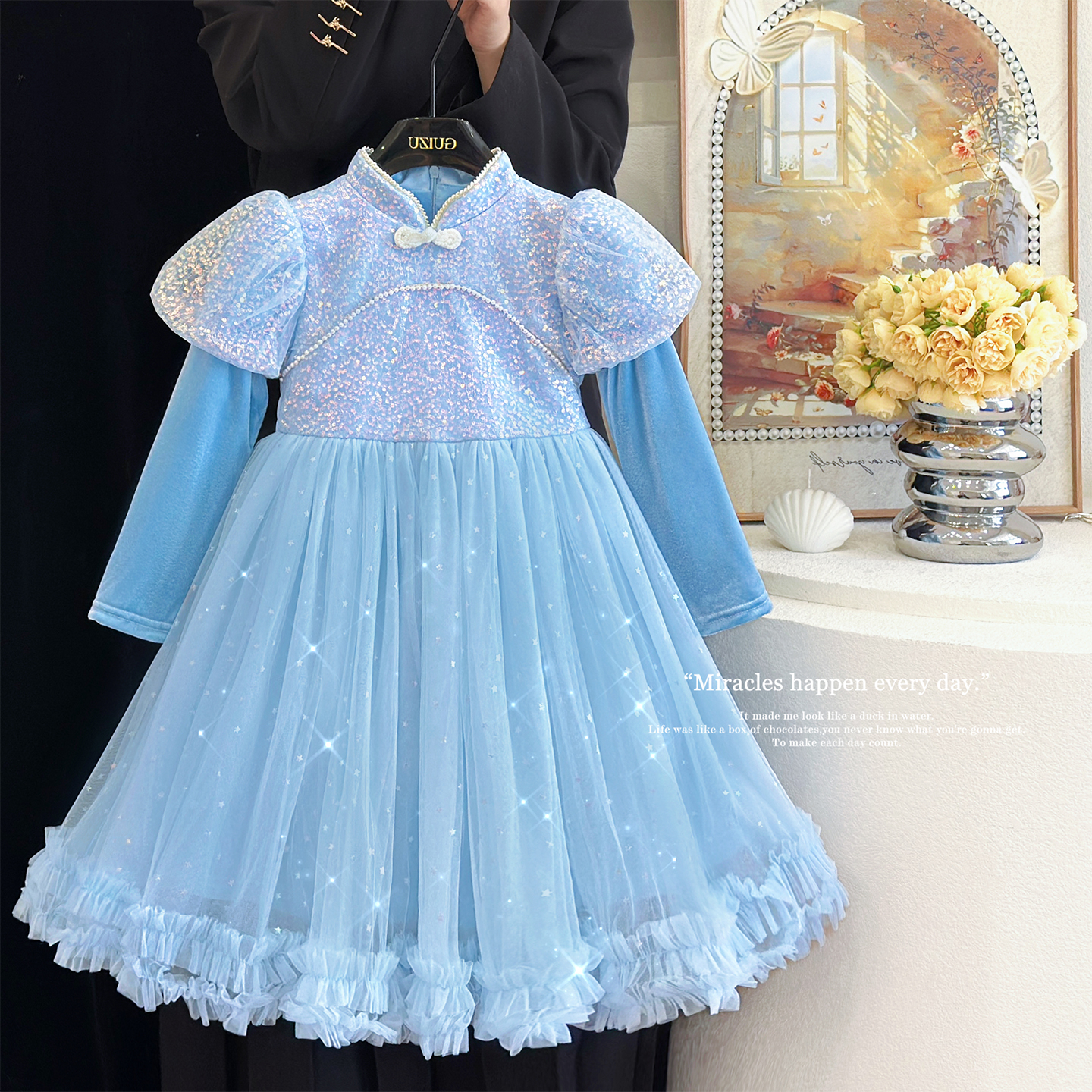 女童连衣裙秋冬款洋气生日礼服公主裙高级感儿童加绒蓝色蓬蓬纱裙