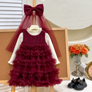 女童套装 洋气女孩红色连衣裙儿童高级感蛋糕裙两件套 秋冬2025新款