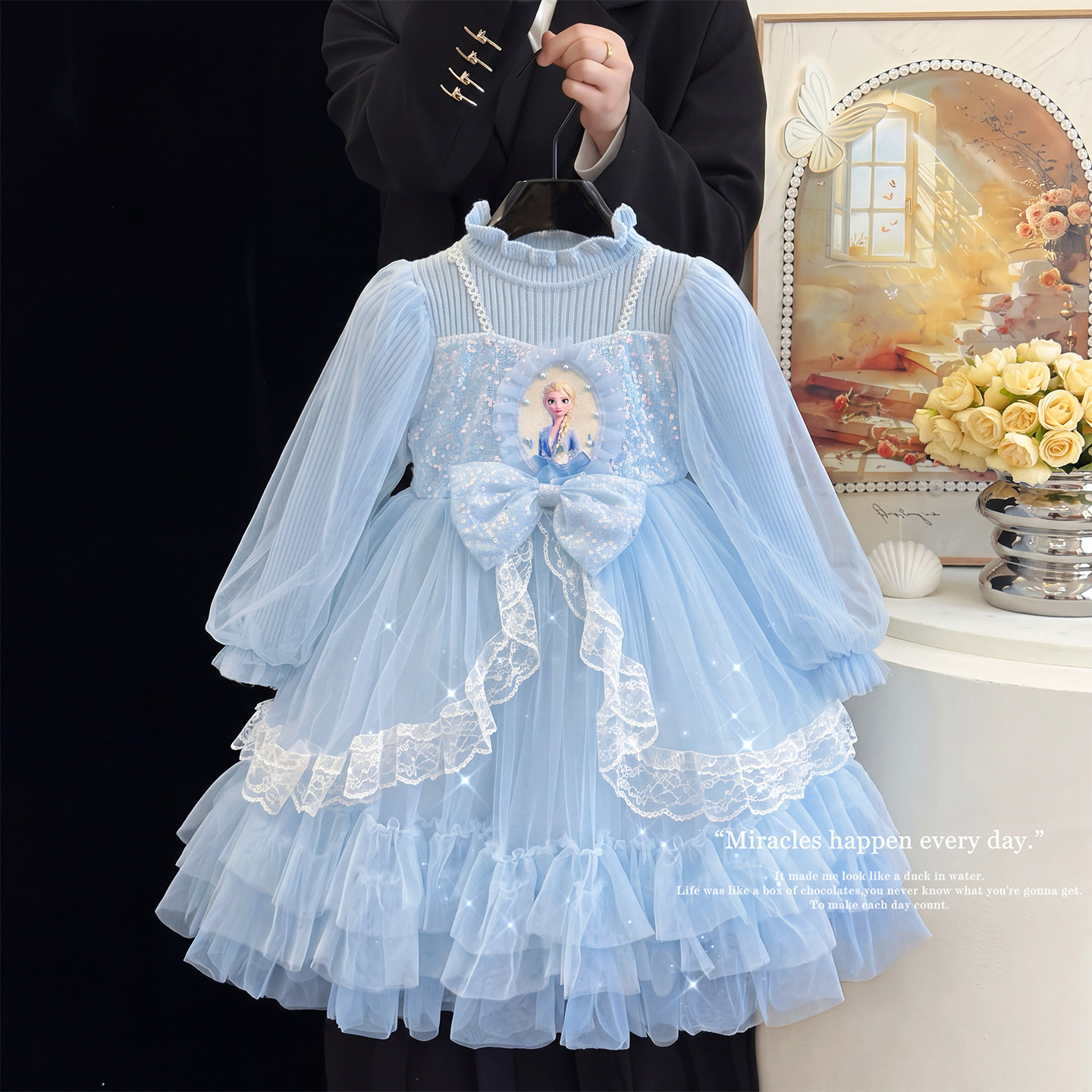 艾莎公主裙女童连衣裙冬款儿童冰雪蓝色生日礼服裙儿童爱莎毛衣裙