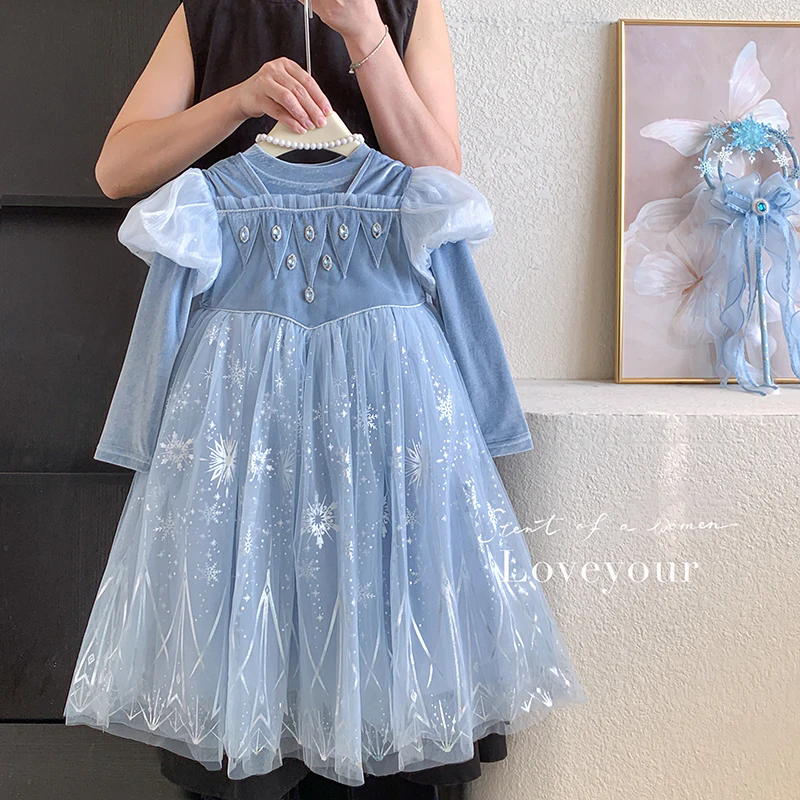女童艾莎公主裙秋冬小女孩冰雪奇缘洋气礼服连衣裙蓝色爱莎网纱裙