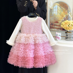 女童加绒连衣裙秋冬2025新款儿童粉色渐变公主裙洋气超仙蓬蓬纱裙