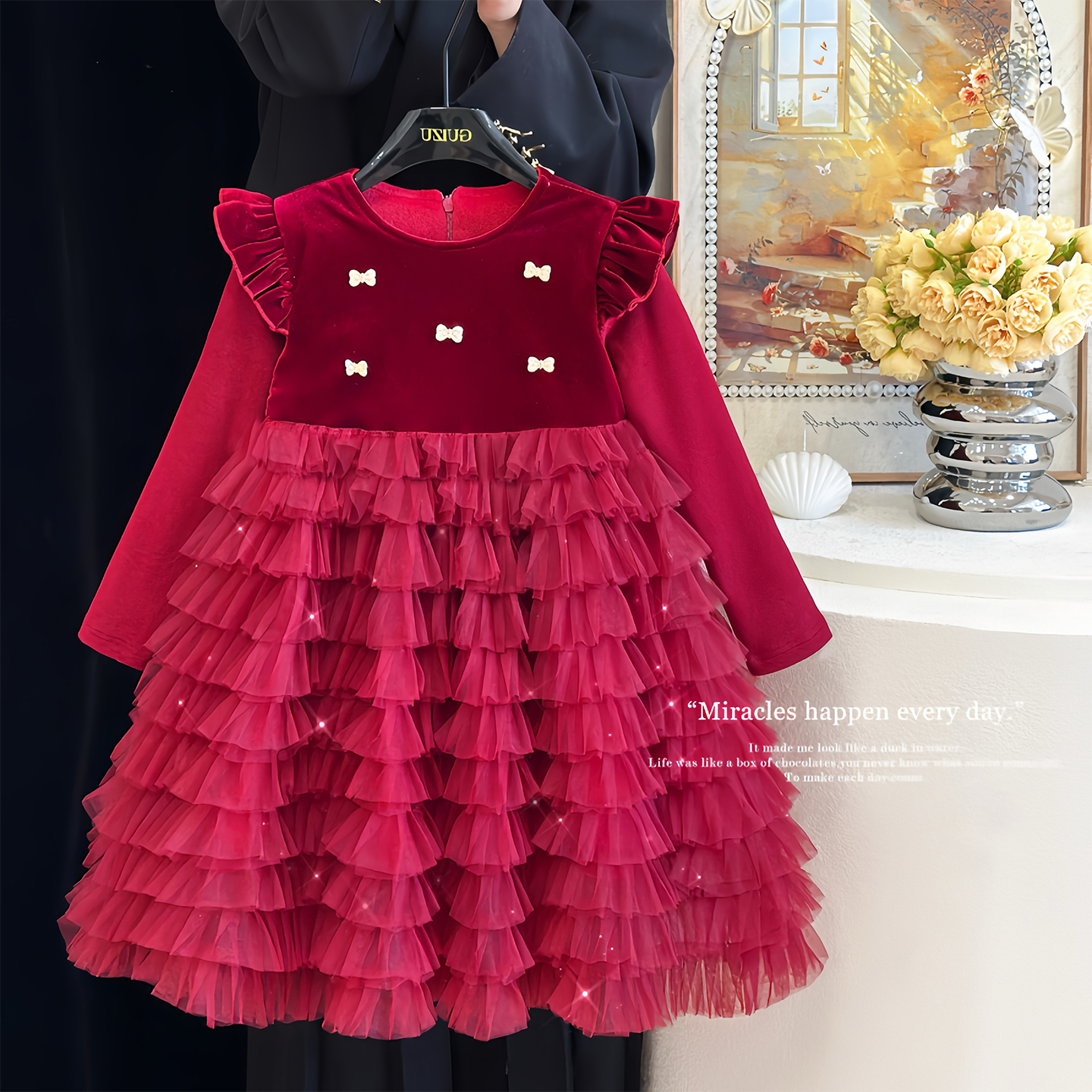 女童连衣裙秋冬红色加绒蛋糕裙