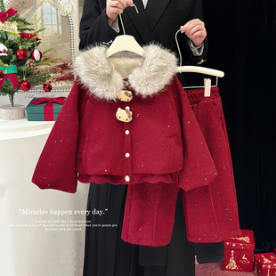 女童红色套装冬装2025新款儿童女孩加厚加绒大毛领外套时髦阔腿裤