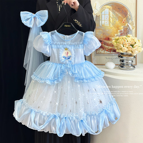 女童艾莎公主裙夏季儿童洛丽塔生日礼服连衣裙冰雪奇缘爱莎裙子