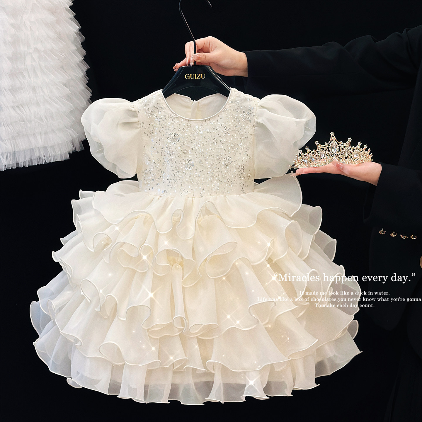 女童超仙公主裙泡泡袖亮片礼服裙图片