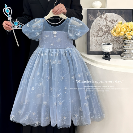艾莎公主裙女童夏季新款爱莎泡泡袖礼服裙子冰雪奇缘小女孩连衣裙