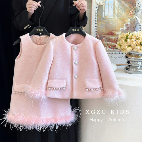 高定女童加厚毛呢小香风套装