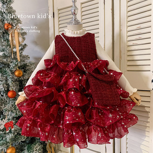女童公主裙冬季2026新款女孩新年红色裙子洋气高级感拜年服连衣裙