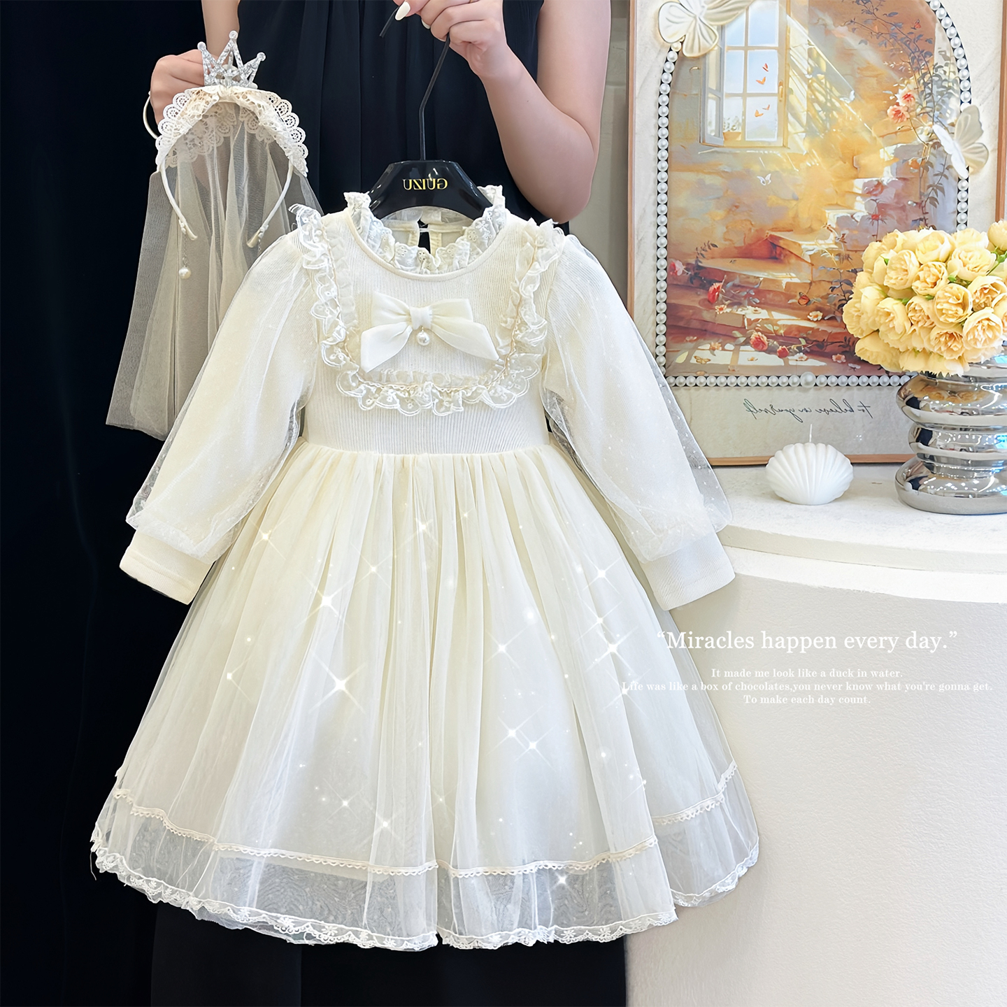 女童公主裙春秋款儿童白色花童连衣裙女宝宝生日宴会洛丽塔礼服裙