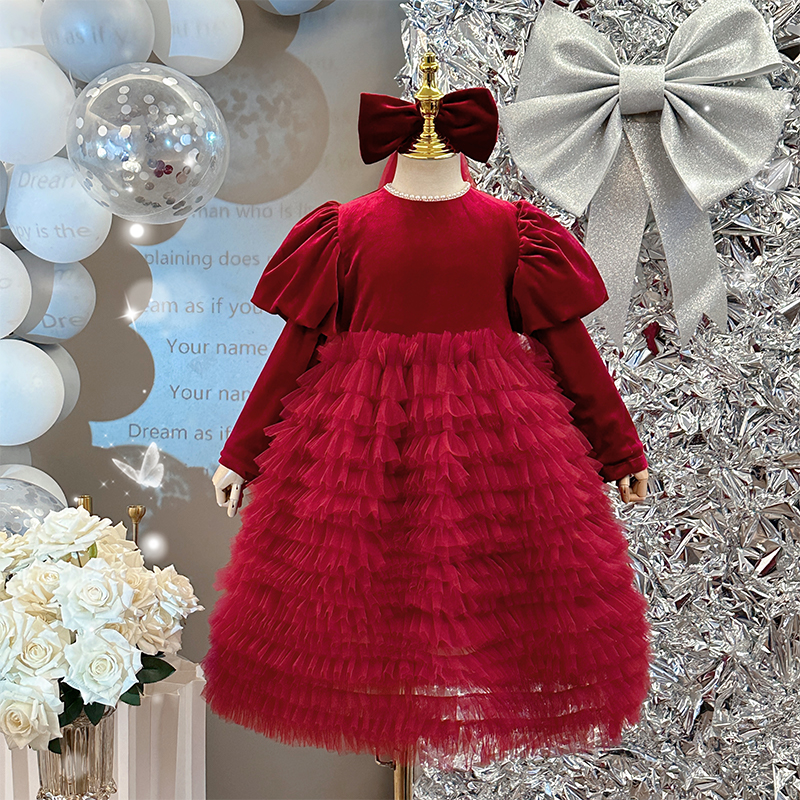 女童高级感红色新年款丝绒礼服裙