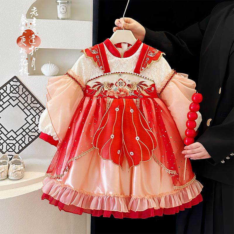 女童中国风汉服刺绣红色拜年服