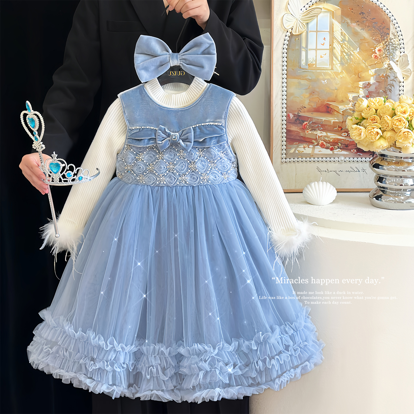 女童爱莎公主裙加绒生日礼服裙