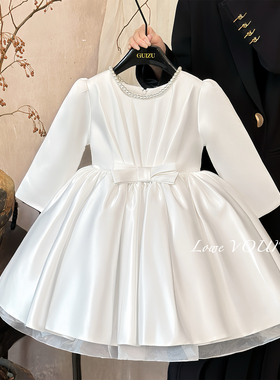 高端女童公主裙秋演出服小女孩花童主持人礼服儿童白色生日连衣裙