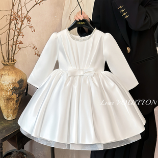 高端女童公主裙秋演出服小女孩花童主持人礼服儿童白色生日连衣裙