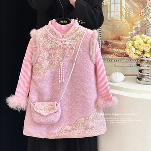 拜年服公主裙儿童唐装 2026新款 加绒连衣裙 冬季 女童旗袍背心裙套装