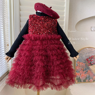 女童加绒连衣裙冬装高级感公主裙儿童新年礼服裙套装过年红色裙子