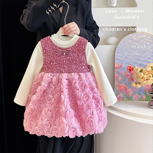 女童连衣裙冬装 洋气加绒背心裙两件套儿童时髦亮片公主裙 2025新款