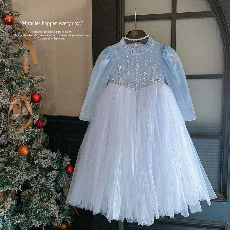 女童秋冬蓝色爱莎公主网纱连衣裙