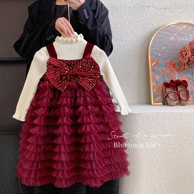 女童连衣裙秋冬款洋气加绒公主裙蓬蓬纱裙儿童红色亮片生日礼服裙