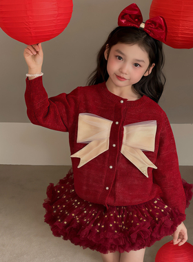拜年服女童tutu裙套装2026新年衣服洋气儿童公主裙红色毛衣半身裙
