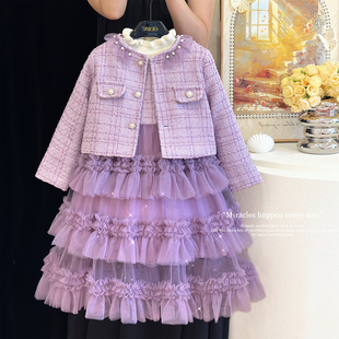 女童小香风连衣裙套装冬装2025新款儿童富家千金感夹棉外套公主裙