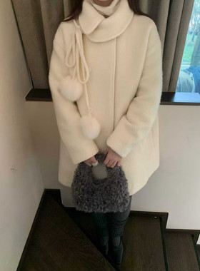 RS.WHMT羽绒内里韩甜美宽松翻领系带毛球羊毛呢中长款大衣羽绒服