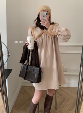 现货AK新款韩宽松气质百搭连衣裙娃娃领拼毛绒减龄打底a字中长裙