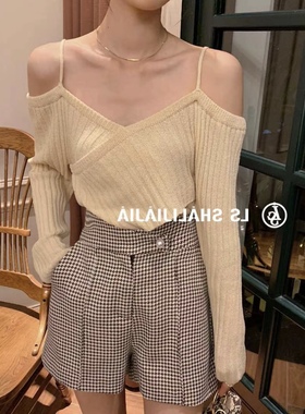 Ls秋冬新款吊带v领长袖针织衫露肩性感不规则交叉上衣女人味t恤潮