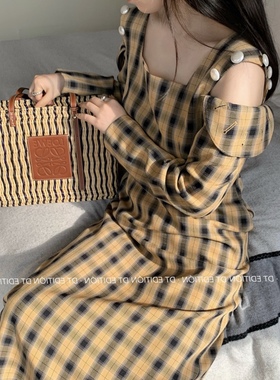 现货 DT新款黑色趋梦方领设计款格子连衣裙法式露肩两穿中长a字裙