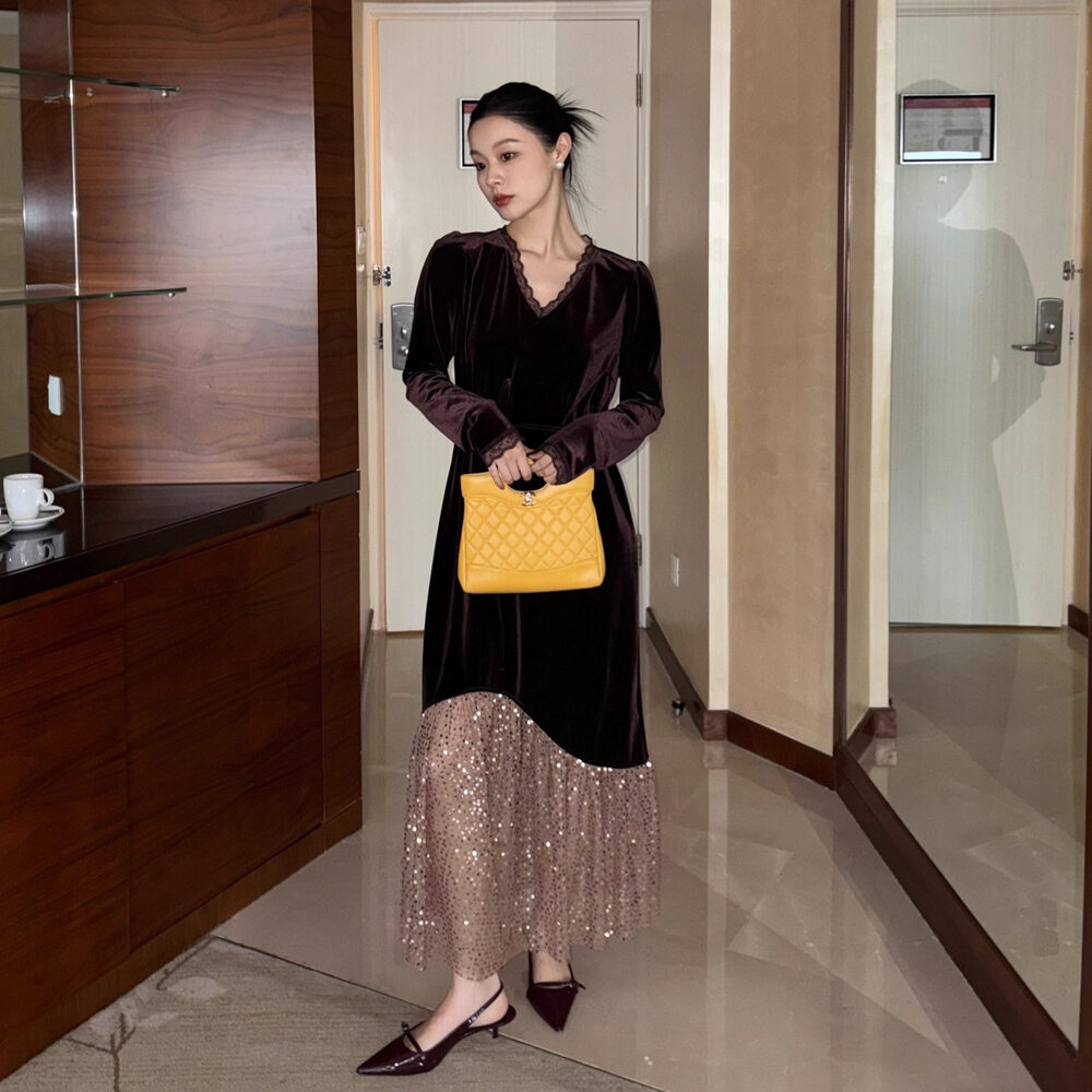 NEW OPEN冬25法式优雅气质重工亮片年会晚礼服丝绒连衣裙冬配腰绳