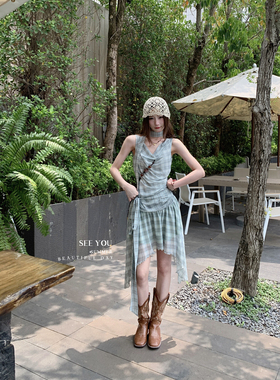 SEE YOU韩系复古纯欲气质格纹挂脖显瘦不规则连衣裙百搭设计飘带