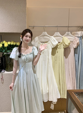 现货AS法式泡泡袖方领收腰显瘦度假宫廷风连衣裙温柔茶歇别致长裙