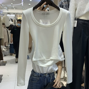 显瘦打底衫 上衣 STUDIO韩版 修身 U领短款 新款 BABY 加绒T恤女春秋季