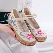 新款 老北京布鞋 亚麻牛筋底春夏 女单鞋 民族风内增高绣花布鞋 软底